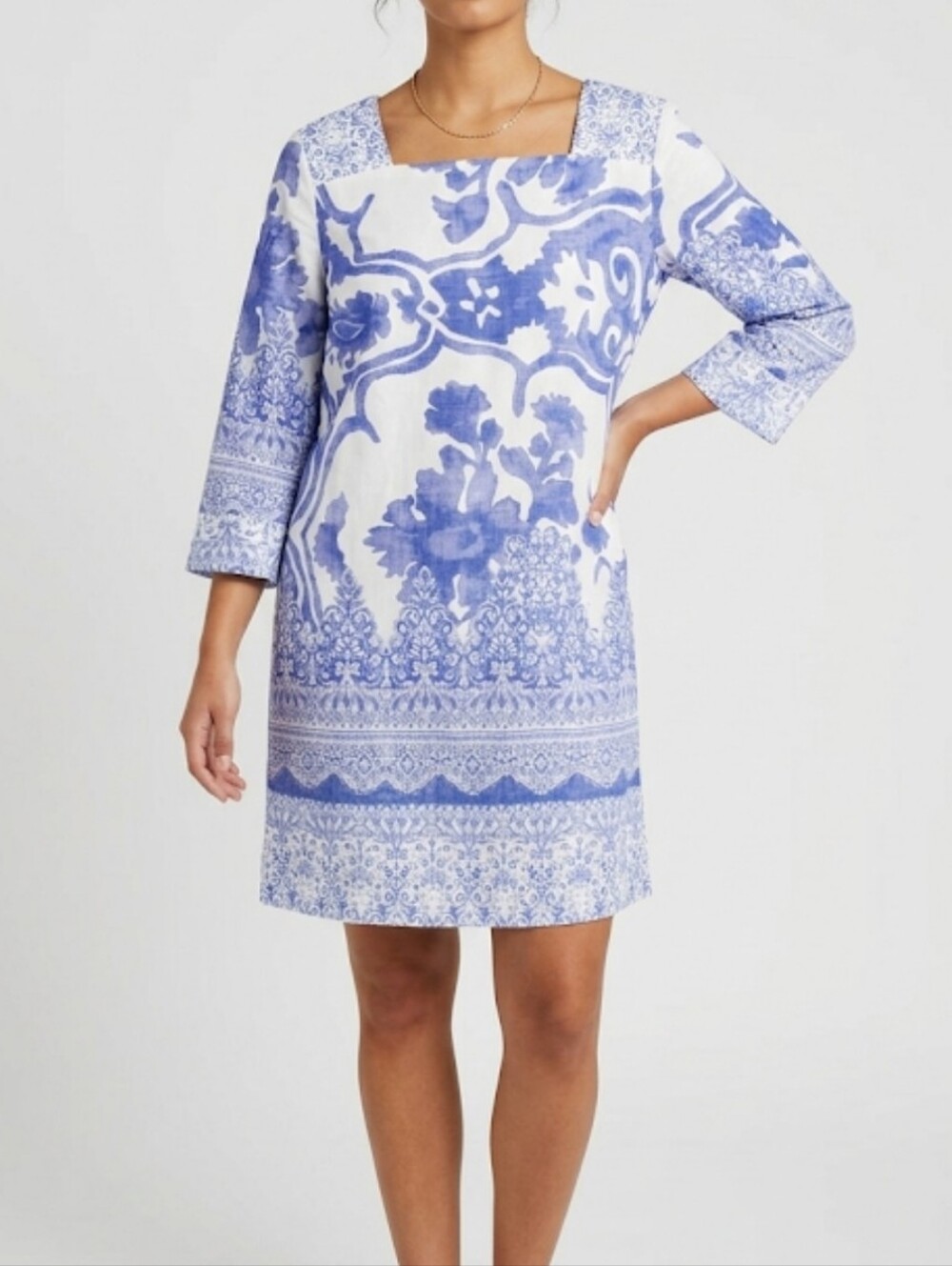 Paolo Petrone Shift Tunic Dress 44 Square Neck 3/4 Sleeves Mediterranean Print